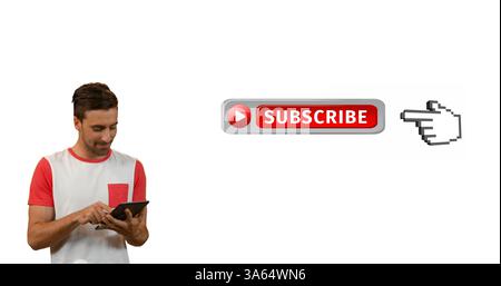 Man using tablet pointing at subscribe button, engaging with digital content Stock Photo