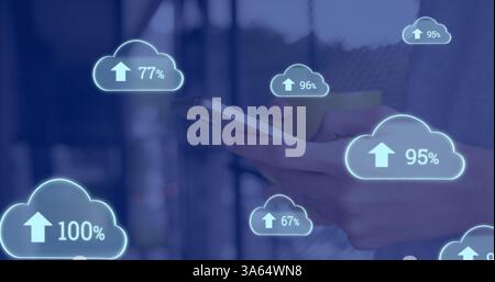 Person using smartphone with digital cloud icons showing upload progress Stock Photo