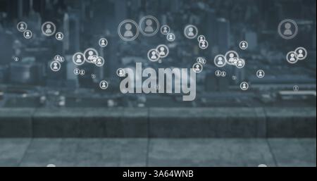 Floating digital network icons over cityscape, representing global connectivity Stock Photo