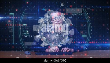 Analyzing digital threats, cybersecurity expert on computer with virus graphics overlay Stock Photo