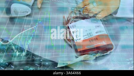 Analyzing blood sample data on computer, hands typing on keyboard Stock Photo