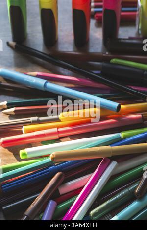 Multicolor markers for drawing. Scattered markers, Bulgaria, Europe Stock Photo