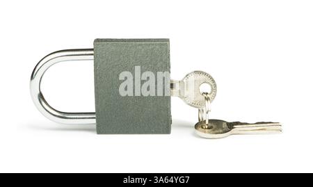 Grey padlock and keys isolated studio shot Stock Photo