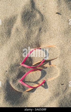 Pink flip flops in sand and starfishes on white background Stock Photo ...