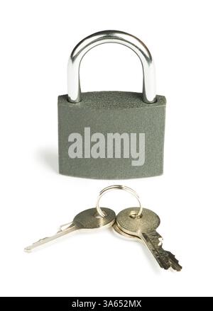 Grey padlock and keys isolated studio shot Stock Photo