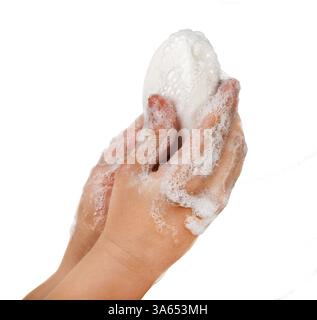 Isolated lathered hands and soap Stock Photo