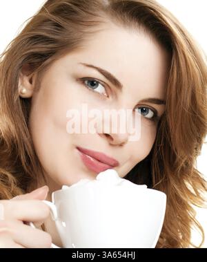 Portrait of beautiful woman drinking cup cappuccino Stock Photo