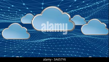 Digital cloud icons floating over network grid, representing online data storage Stock Photo