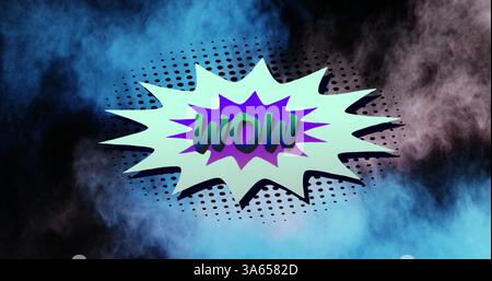 Image of wow text over comic retro speech bubble with blue and grey cloud of smoke Stock Photo