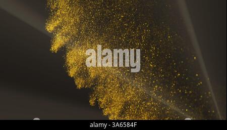 Image of multiple glowing gold glitter particles falling over dark background Stock Photo