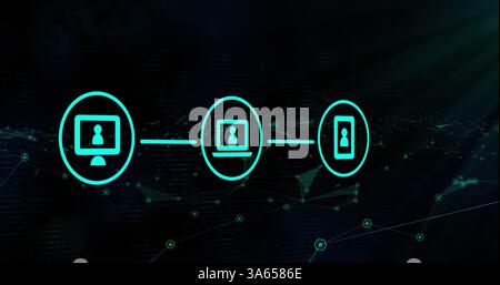 Image of three glowing green digital icons over network of connections Stock Photo