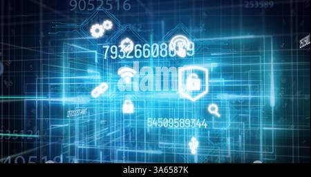 Image of numbers changing data processing over digital icons and glowing lines Stock Photo