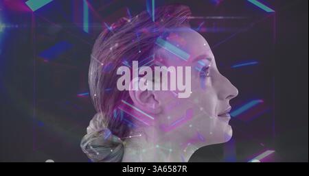 Image of digital interface with tunnel of glowing neon lights with side view of woman Stock Photo