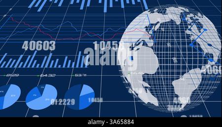 Image of interface with numbers changing, globe spinning over statistics recording Stock Photo