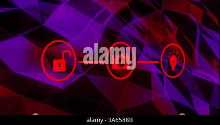 Image of three glowing red digital icons over network of connections Stock Photo
