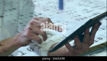 Image of binary coding numbers changing over woman using tablet Stock Photo