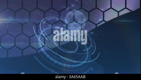 Image of globe spinning and scope scanning over hexagons Stock Photo