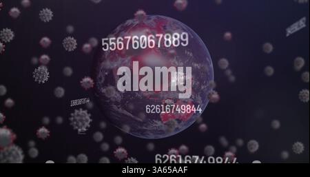 Digital image of multiple changing numbers and covid-19 cells floating against globe Stock Photo