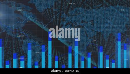 Image of statistics and lines recording over world map and numbers changing Stock Photo