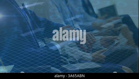 Image of binary coding and arrows over people using electronic devices Stock Photo