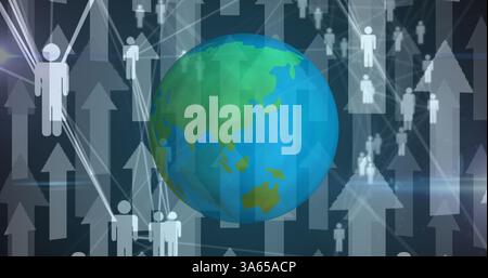 Image of globe spinning with human icons with arrows pointing up Stock Photo