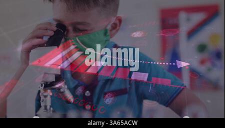 Coronavirus statistical data processing against boy wearing face mask using microscope at laboratory Stock Photo