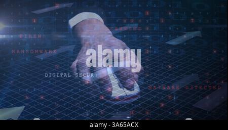 Image of cyber attack warning text over man using mouse Stock Photo