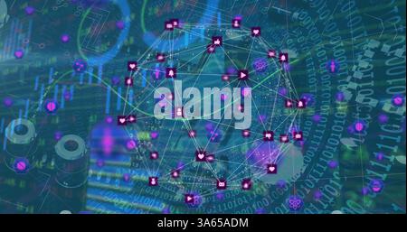 Image of globe made of connections and icons spinning with graphs and numbers floating Stock Photo