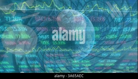 Image of rolling graphs with data and information over globe spinning Stock Photo