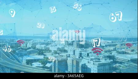 Image of floating numbers with net of connections and net icons over a cityscape Stock Photo