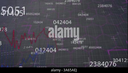 Image of numbers changing with lines moving over grid in background Stock Photo