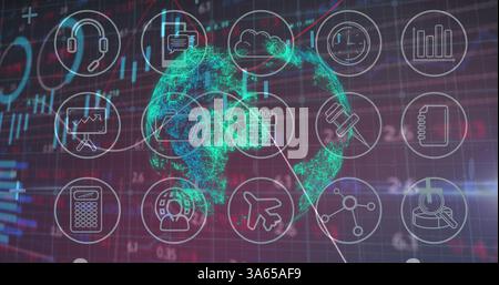 Image of a globe made of connections spinning with graphs rolling over technological icons Stock Photo