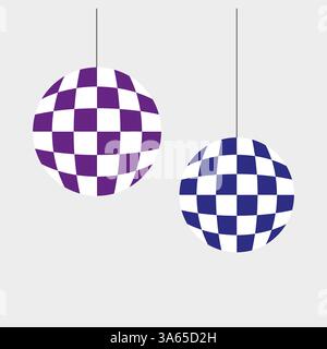 Two checkered disco balls hanging on strings, purple and blue colors, minimal retro party concept on light background. Stock Vector