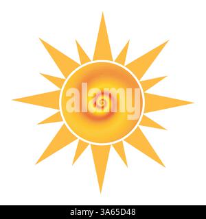 Yellow sun with spiral center and sharp rays, abstract summer symbol, bright vector illustration on white background. Stock Vector