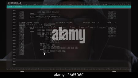 Image of data processing on computer screen over male hacker using computer Stock Photo