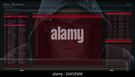 Image of data processing on computer screens over male hacker using computer Stock Photo