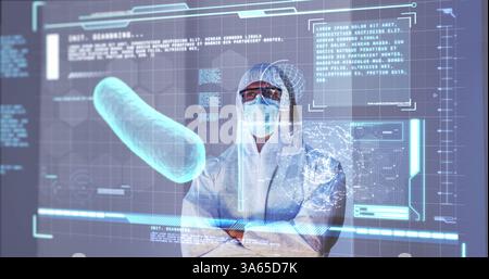 Image of scientist standing behind interactive screen with medical data processing Stock Photo