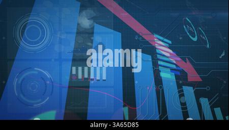 Image of data processing with red arrow descending with statistics recording Stock Photo