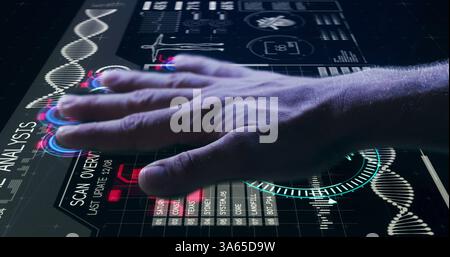 Image of man's hand touching interactive screen reading fingerprints and medical data processing Stock Photo