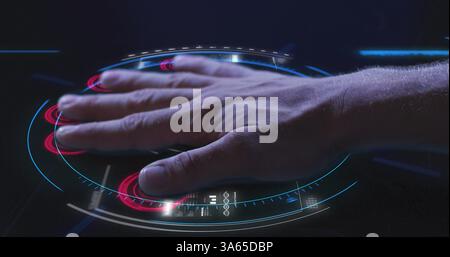 Image of man's hand touching interactive screen reading fingerprints and data processing Stock Photo