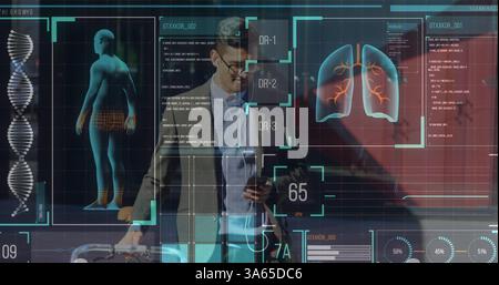 Digital interface with medical data processing against man with trolley bag using smartphone Stock Photo