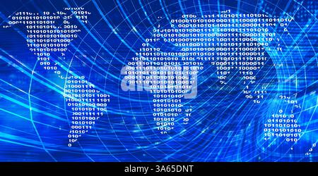 Horizontal futuristic background with mesh tunnel, map of the world from a binary code and abstract circuit board. Global communication, cyber technol Stock Photo