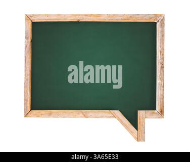 Comic speech bubble shaped advertising billboard with green chalkboard in wood frame. Cafe menu, pointer board for writing information. Isolated on wh Stock Photo