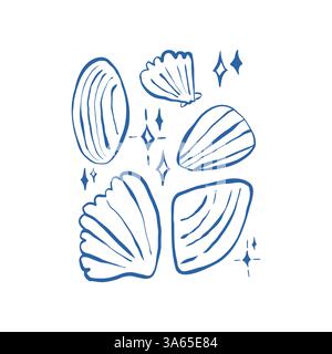 Hand drawn sea shells scallops and stars poster template in doodle sketchy style. Line art sea shell vector composition Stock Vector