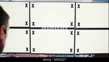 Computer screens, office and mockup space for cctv, safety or security footage on monitor. Protection service, tracking markers and blank desktop with Stock Photo