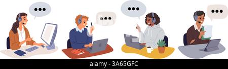 Male and female support workers negotiate with customers. Mobile helpdesk chat. Buyers assistance. Hotline employees talking with clients. Operators Stock Vector
