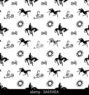 Kyrgyz petroglyph seamless pattern. Ancient warriors, horses, and sun symbols in tribal black-and-white design. Perfect for textiles, wallpapers, and Stock Vector