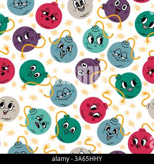 Cartoon bombs seamless pattern. Repeated round explosives with burning wicks and cute faces in animation style. Cartoon dynamite characters. Grenade Stock Vector