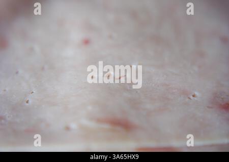 Thinly sliced ham arranged on parchment paper in a close up view. The soft lighting highlights the delicate texture and freshness of the meat. The image captures the subtle marbling and natural color variations, making it ideal for illustrating food related content. Stock Photo