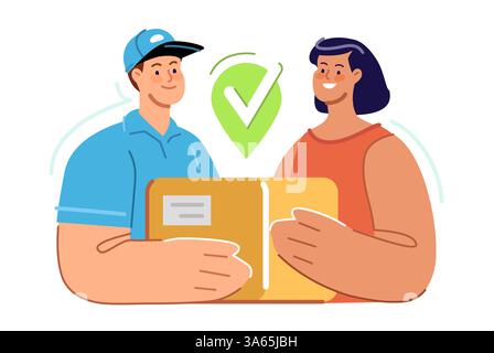 Delivery service, online shopping concept. Client receives parcel from courier at home. Vector illustration flat design Stock Vector